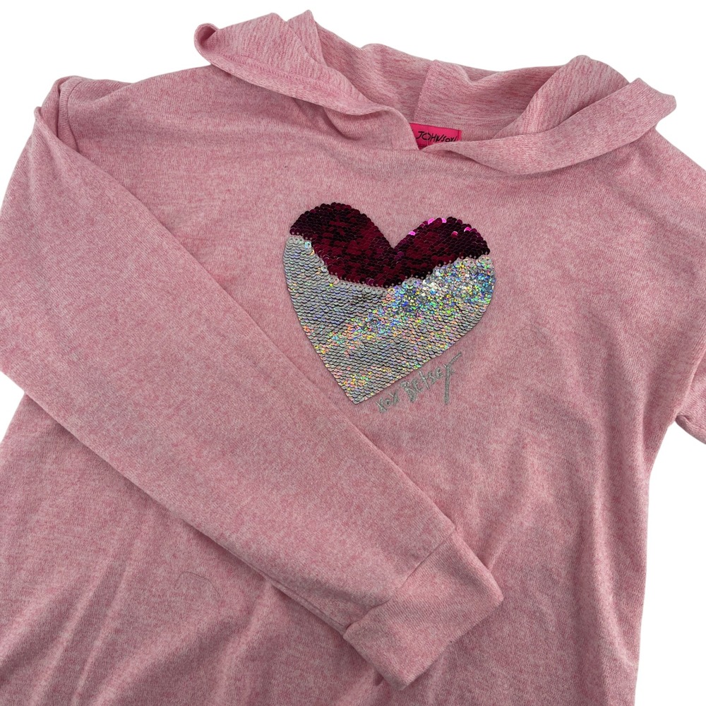 Betsey Johnson Kids Girl's‎ Pink Sequin Heart Tie Bottom Hoodie Sweatshirt XL